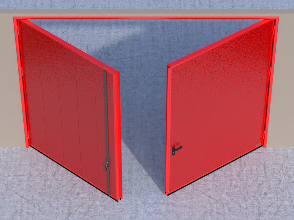 Eshik panellari ichkariga ochiladi — chap panel passiv, o'ng panel faol.